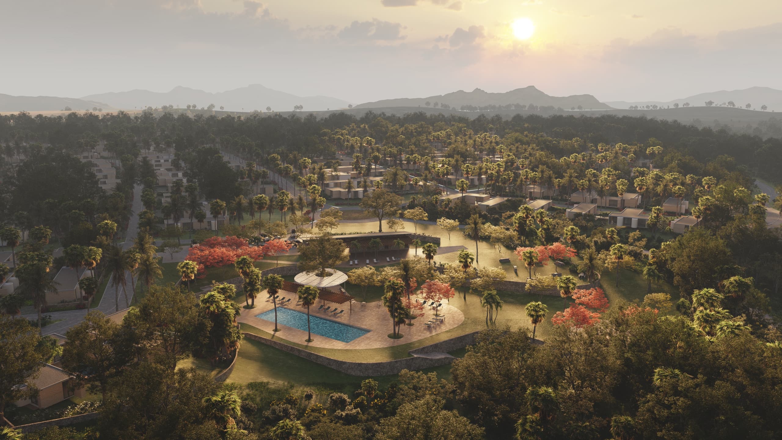 Aerial view of a tropical residential property development